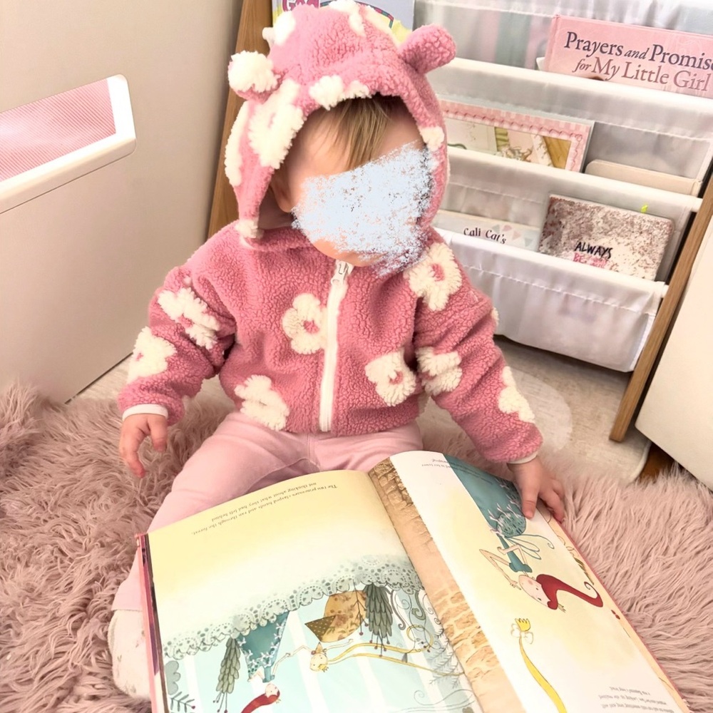 Pink Fleece Baby Hoodie with White Flowers